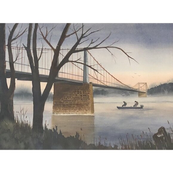 24"x20" Original Matted Watercolor PAINTING River Bridge by JOYCE GILBERT 1985 - Picture 2 of 6